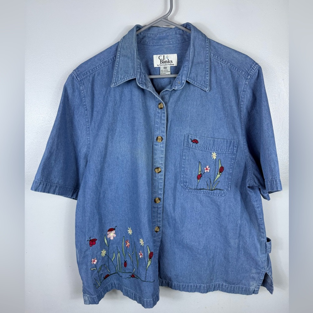 Vintage CJ Banks Button Up Blouse Chambray Embroidered Short Sleeve Cotton Sz 16